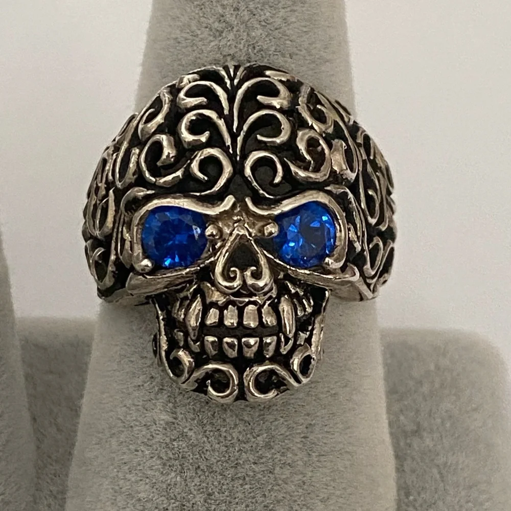 925 silver skull biker ring blue cubic zirconia cz stones 11 size